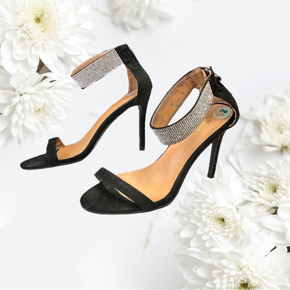 Catherine Stella Black & Sparkly Silver Gems Ankle Strap Stiletto Sandals Wm 8.5
